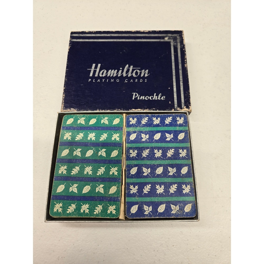Vintage Hamilton Pinochle Playing Cards 2 Deck Set Leaf Pattern Blue Green Box